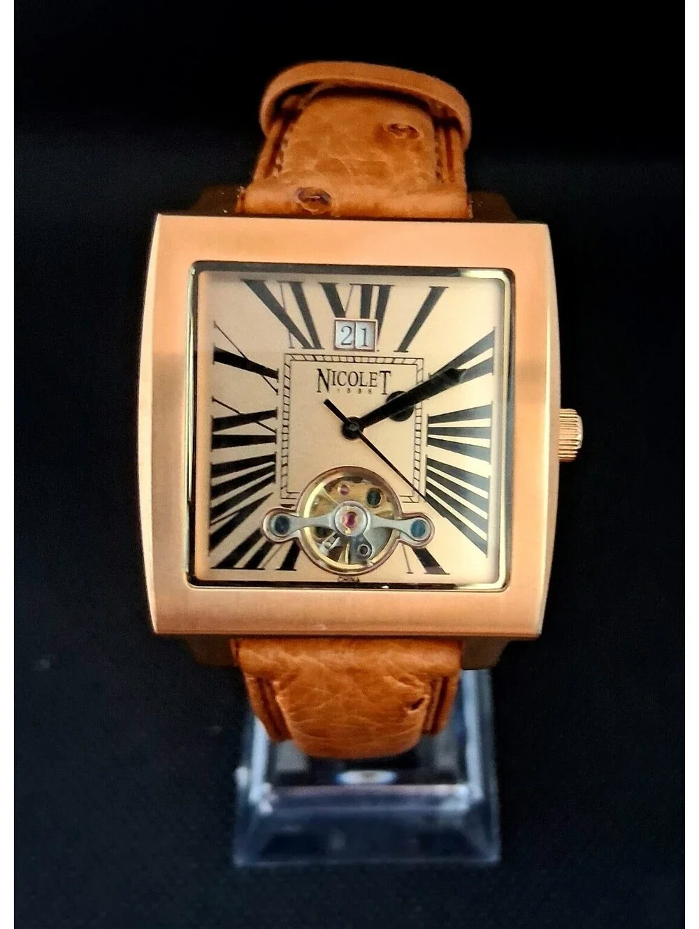 RARE Authentic Nicolet NT322028 Ostrich Leather Mechanical Automatic Men's Watch